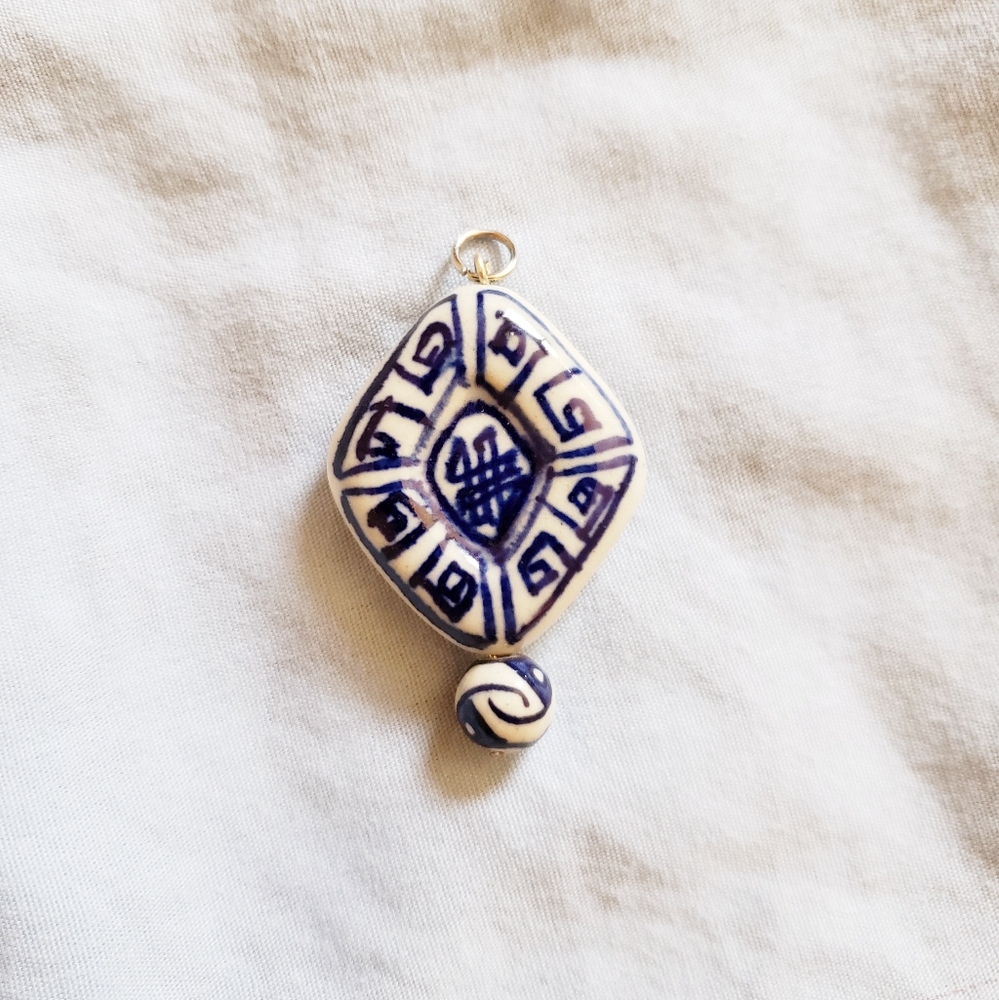 Vtg Chinese Porcelain Handmade Longevity Pendant